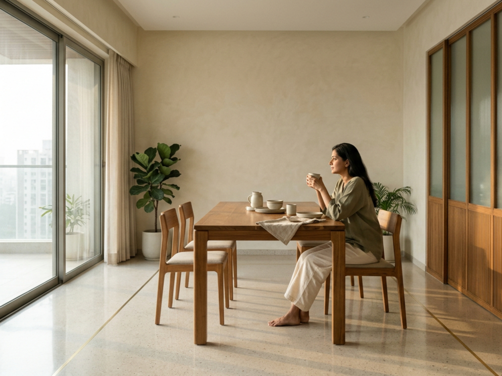 A calm atmospheric visual showing indoor and outdoor air quality context.